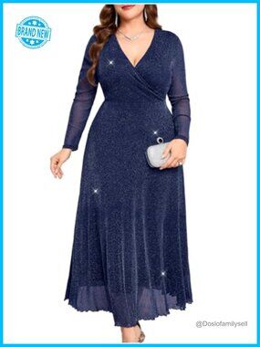 Plus Size Sparkly Maxi Dress V-Neck Long Sleeve A-Line Glitter Mesh Gown